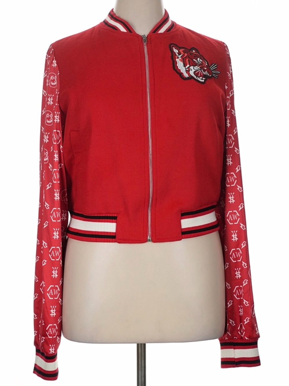 Red Cropped Bomber Jacket with Tiger Patch by AW